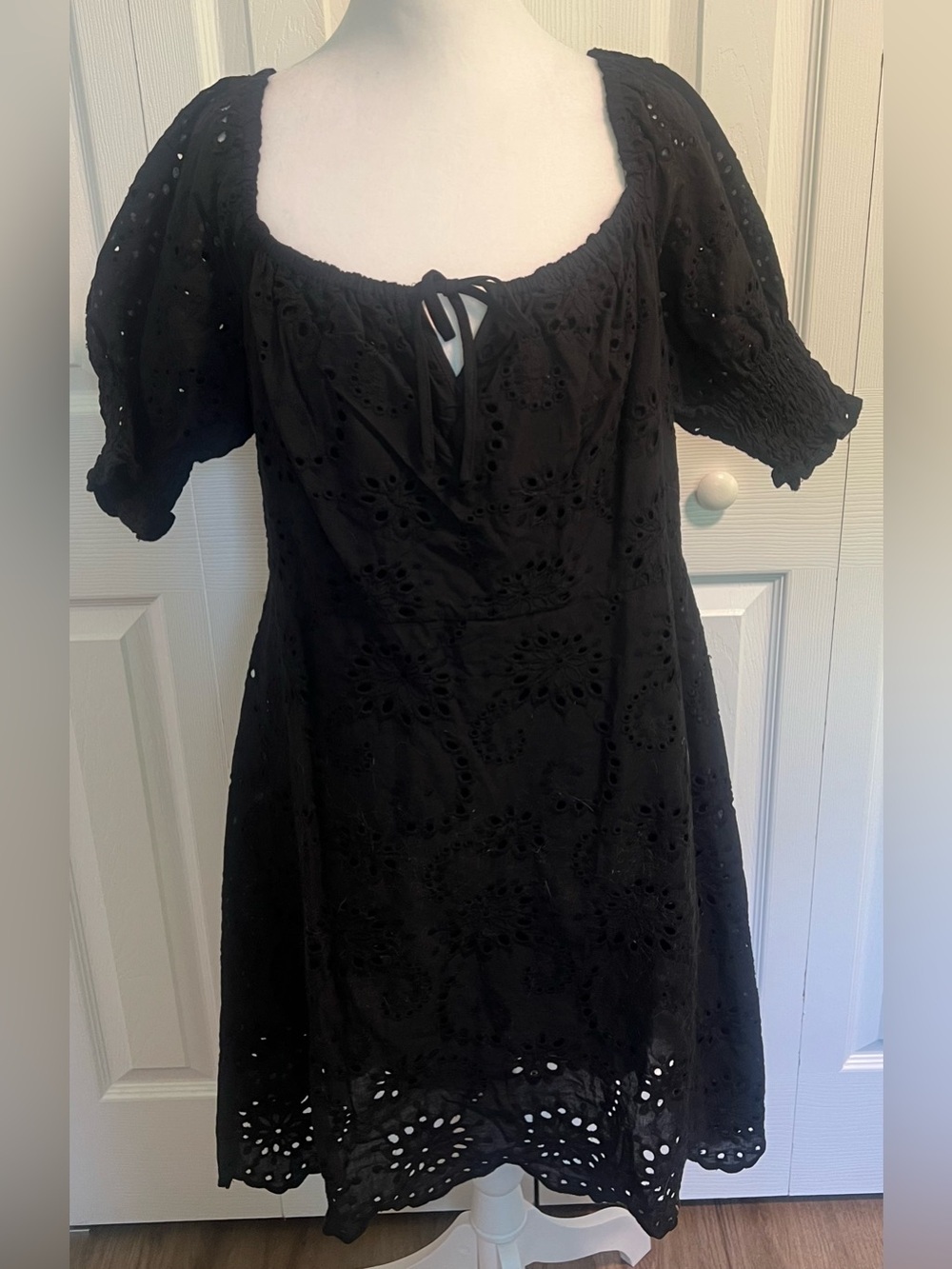7 For All Mankind Eyelet Puff Sleeve Scalloped Mini Dress in Black
